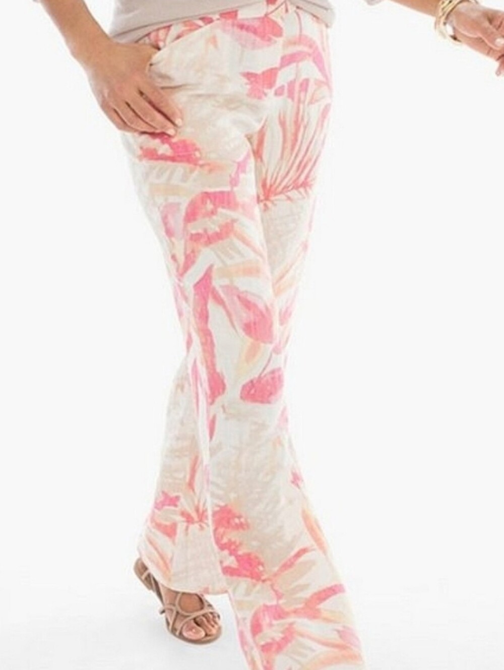 Chico's Multi Pink & Cream Havana Shores Linen Wide Leg Pants, Size 10/ 1.5